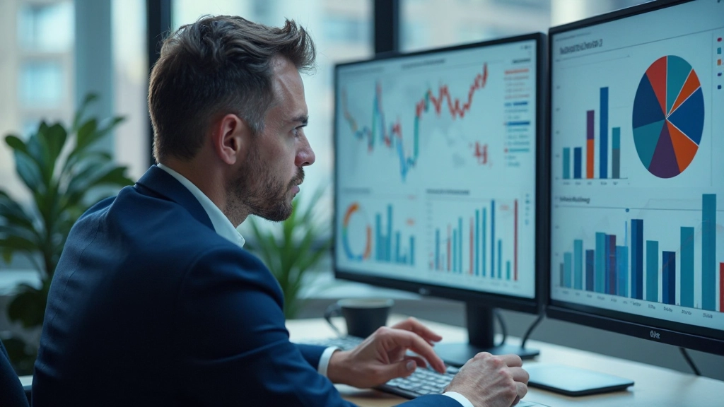 Профессионал анализирует интерактивные графики на экране компьютера в современном офисе