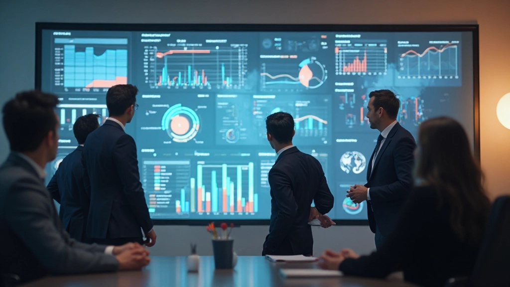 Команда специалистов обсуждает визуализированные данные на интерактивном экране в конференц-зале