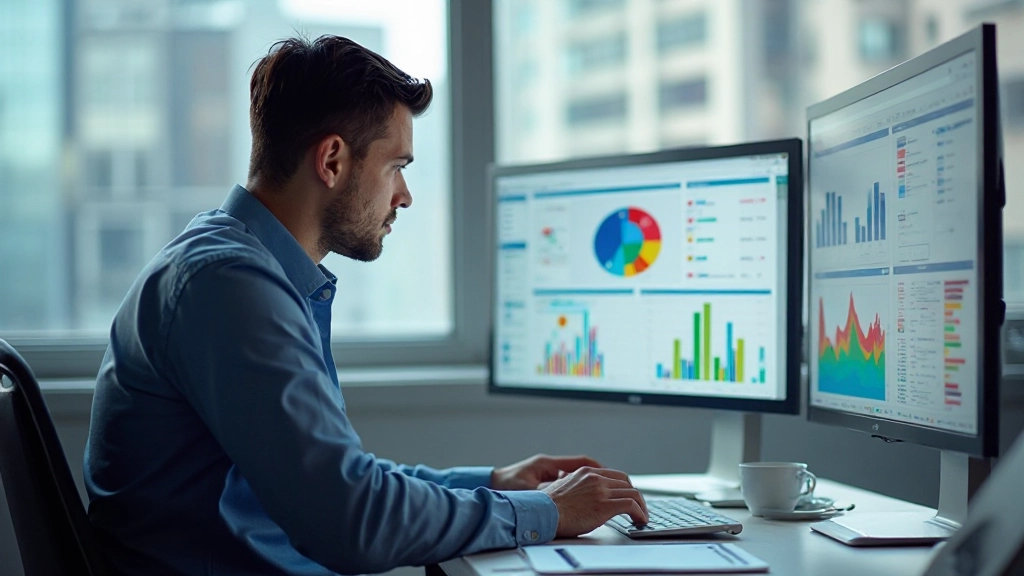Профессиональное рабочее место аналитика с множеством графиков и диаграмм на экранах