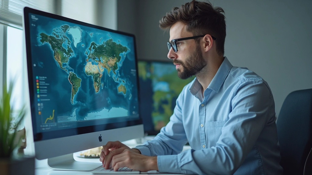 Аналитик работает с геоинформационной системой, показывающей распределение данных по регионам Казахстана