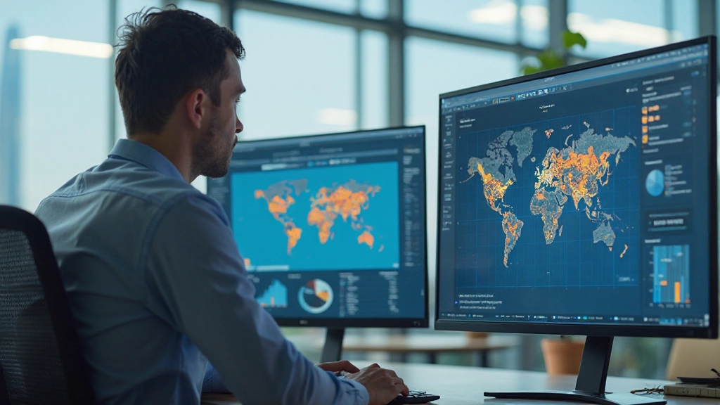 Профессиональное рабочее место аналитика с картами и графиками на мониторах