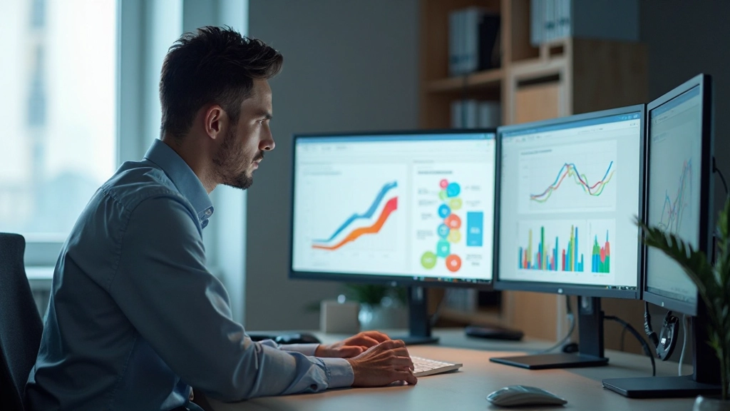 Профессиональное изображение современного рабочего пространства с различными визуализациями данных и цветовыми схемами на экранах