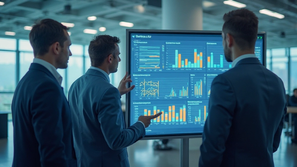 Команда аналитиков обсуждает сложные диаграммы и графики на интерактивном экране