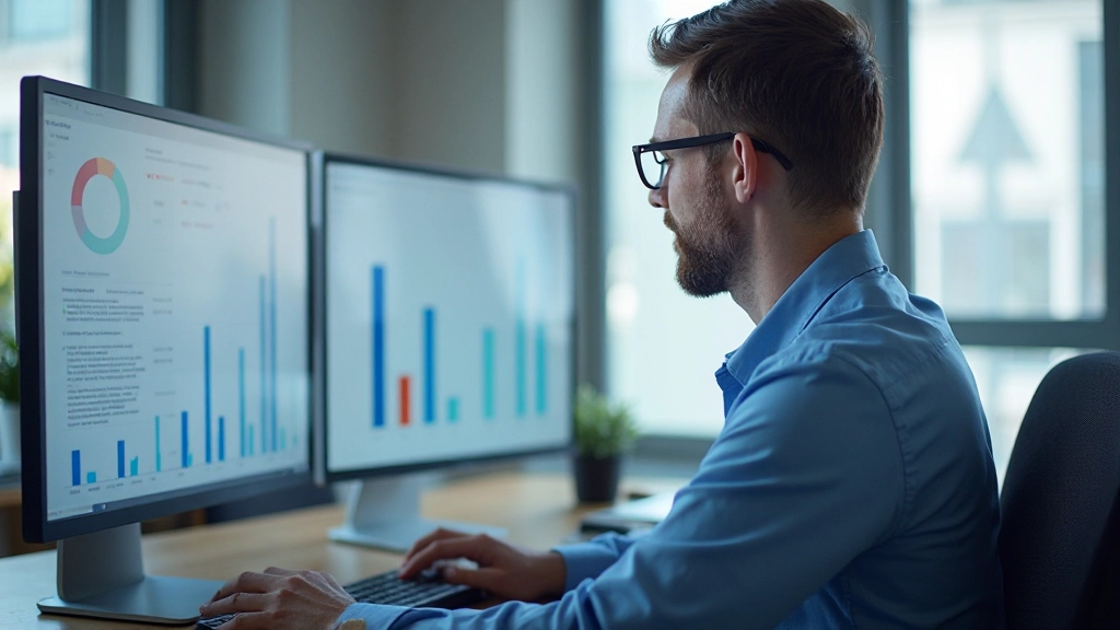 Профессиональный аналитик работает с диаграммами на мониторе в современном офисе