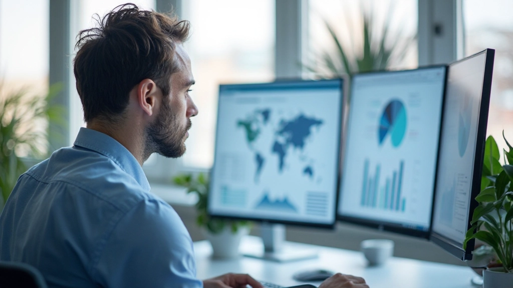 Профессионал анализирует интерактивные графики и диаграммы на экране компьютера в современном офисе