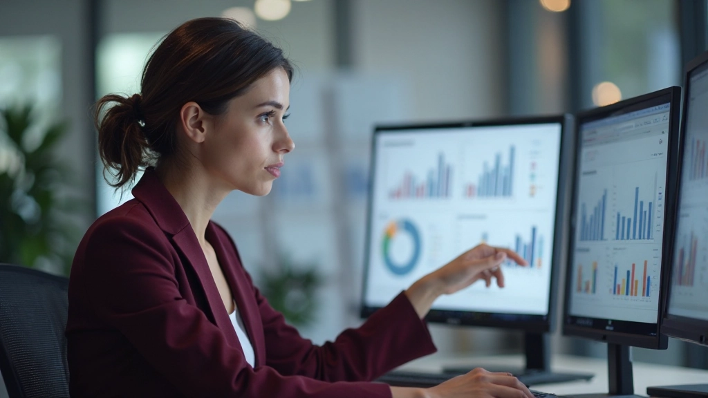 Профессионал анализирует интерактивные графики на экране компьютера в современном офисе